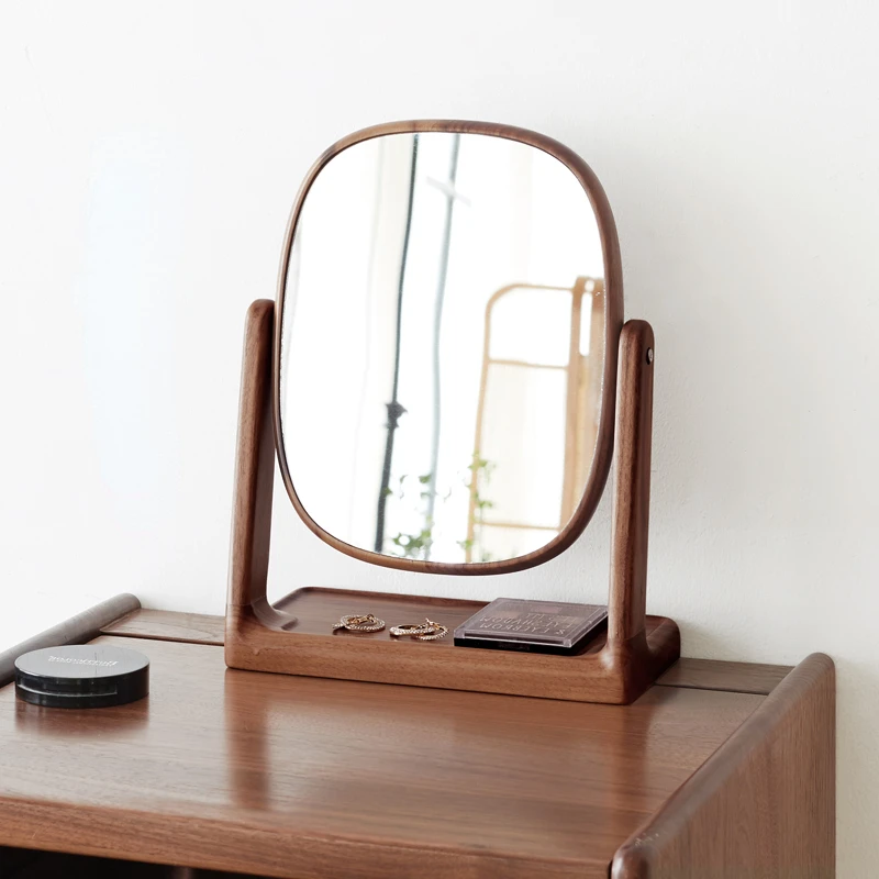 

Solid wood vanity mirror storage box integrated black walnut bedroom dresser mirror 360 degree rotation