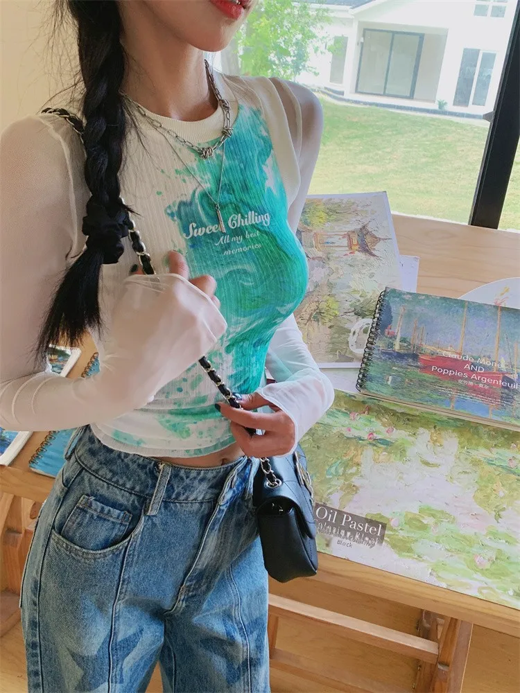 

Slim Fit Long Sve T-irt Women's Autumn Thin Splicing Ink Waed Me Print Casual Sle High Waist round Ne Top