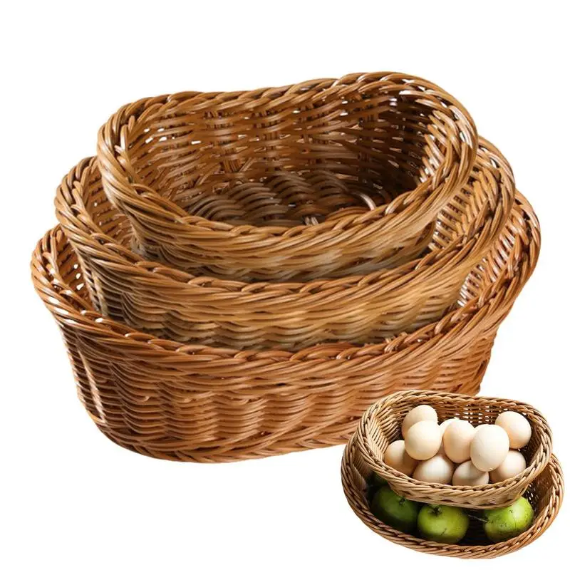 Cestas de pan tejidas, 3 contenedores para almacenamiento de alimentos, cesta de mimbre de imitación para frutas, pan, verduras, toalla, hogar, restaurante