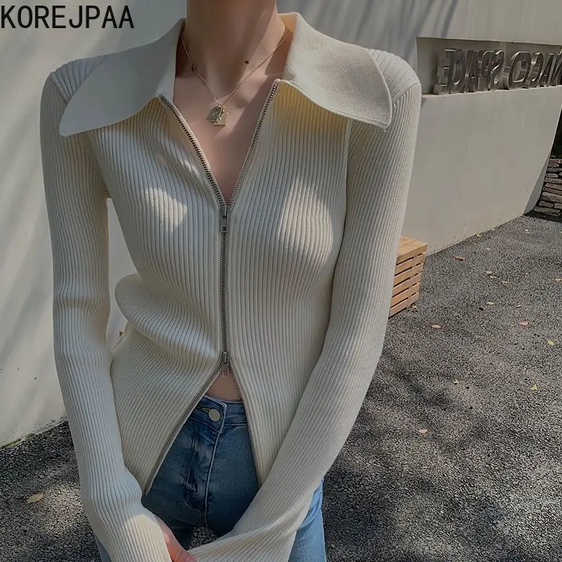 Korejpaa French Retro Cardigans Tops Elegant Turn-down Collar Double Zippers Sweater Coat Knitwear Solid Casual Slim White Tops