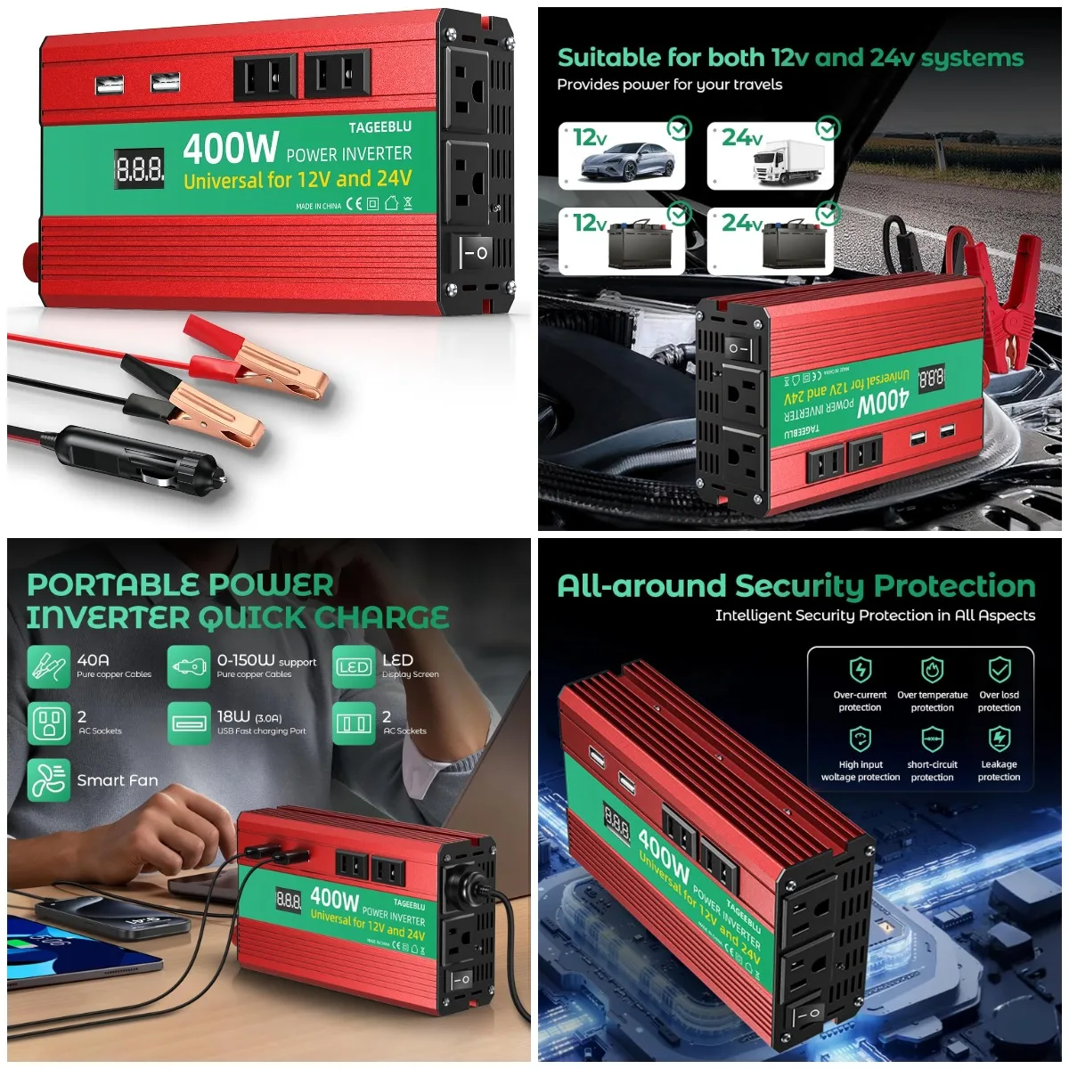 

Инвертор мощности 400 Вт, автомобильный инвертор постоянного тока от 12 В/24 В до 110 В переменного тока для грузовиков, дома, транспортных средств, ноутбуков, поездок