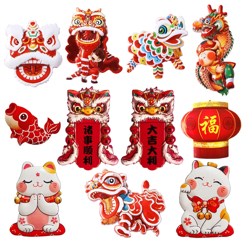 Chinese Style Refrigerator Magnet Chinese New Year Festive Cartoon Lion Dance Cute Creative Resin Refrigerator Magnet Home Decor