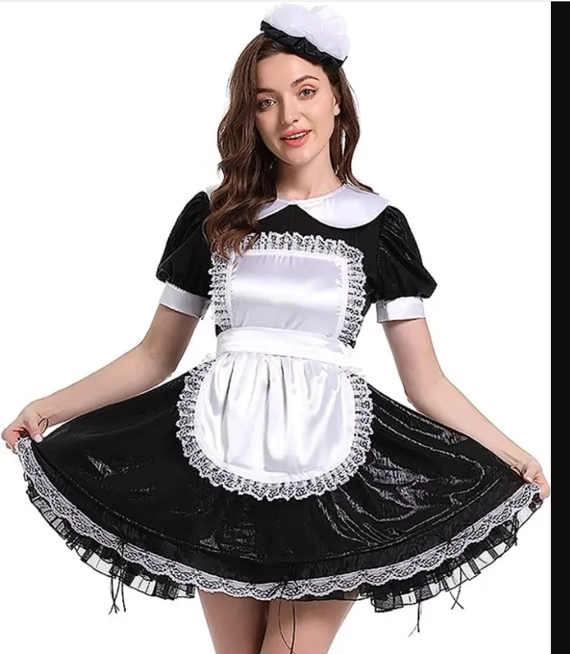 

Adult Giant Baby Sexy Girl Black Thin PU Sissy Short Skirt Organza White Satin Apron Maid Role Playing Gothic Customization