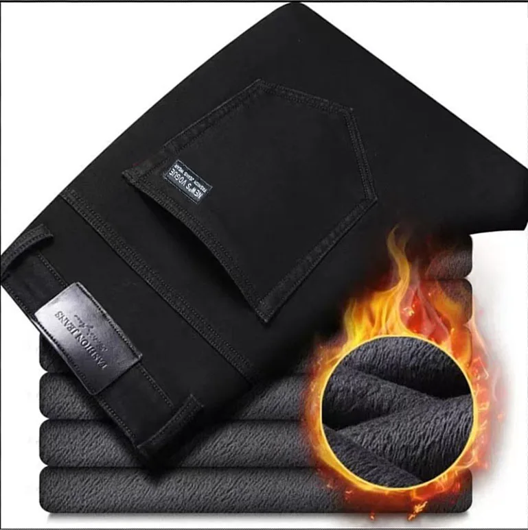 2025 جديد الشتاء الرجال السود مستقيم تمتد الدنيم سميكة المخملية السراويل الدافئة الجينز عادية الصوف خط بنطلون الذكور حجم كبير #2