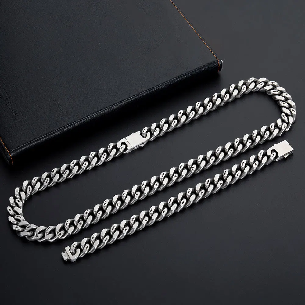 13mm Thick Cuban Link Men Necklace with Corss Matte Black Logo Chain Hip Hop Stainless Steel Necklace Bracelet for Man