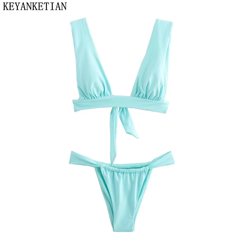 KEYANKETIAN 2024 New Launch Women's Two-Piece Bikini Set Summer Bandage Short Corset Stretch Waist Briefs Sky Blue Swimsuit