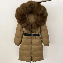 New Natural Thick Warm Long Winter Jacket Women Real Big Fox Fur Collar Belt Loose Puffer Parka 90% White Duck Down Coat