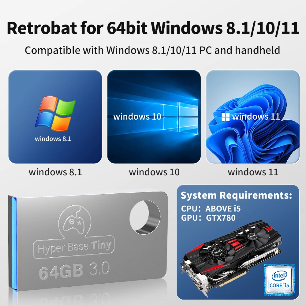 Retrobat 64G USB 3.0 Disk 15 Emulators＆8731 Retro Games for PSP/DC/N64/NES/SNES/DS/NAOMI for Windows PC/Laptop/Rog Ally HandHeld