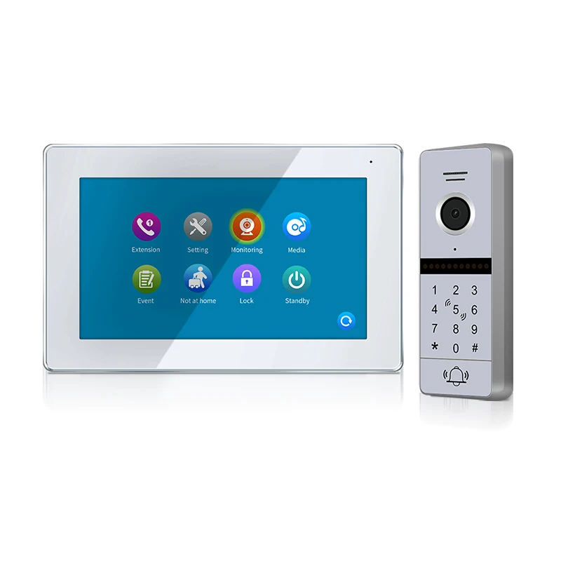 

New Arrive 1080P FullHD 7" Touch Screen video door phone with switch button for control power+2.0MP RFID call panel