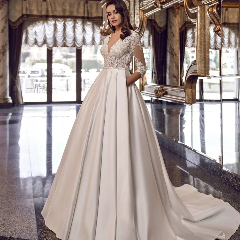 Lorencia-Vestido de Noiva Linha com Apliques de Renda, Vestido de Noiva Princesa Elegante, Meia Manga, Decote V, Dubai, Árabe, YAW56