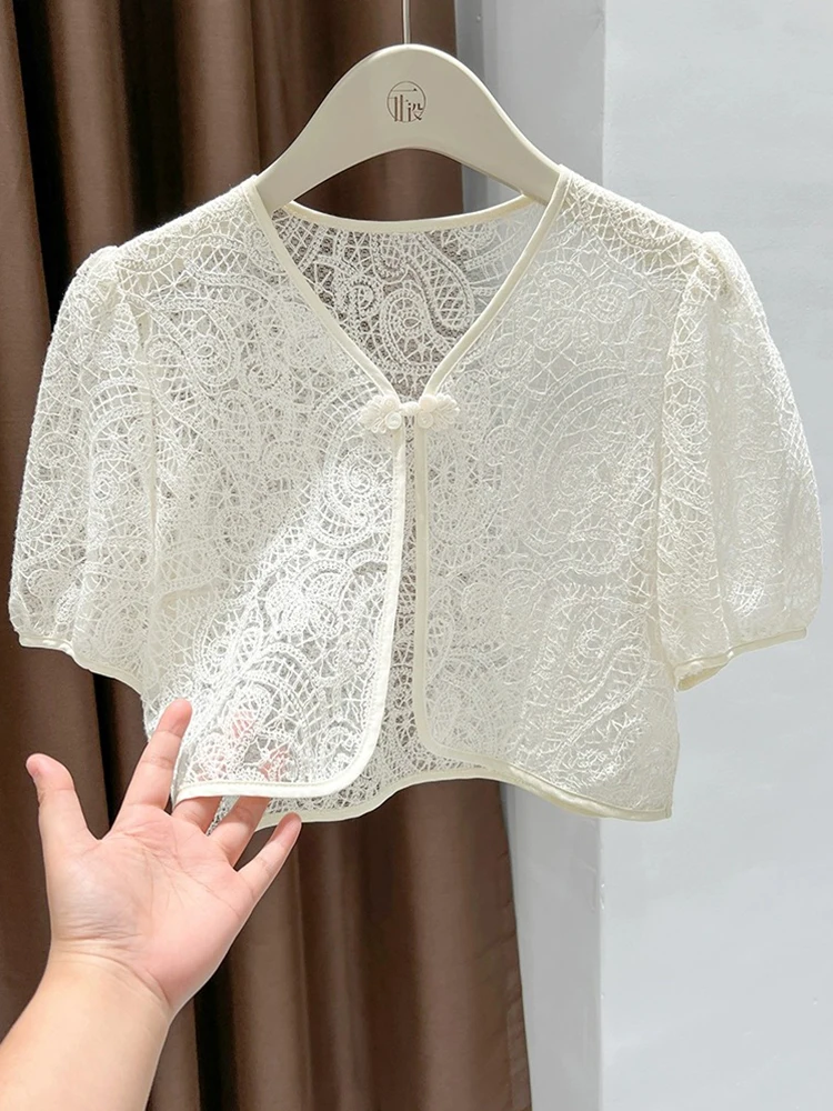 

New Chinese Sle ort Hollow out Coat with Buttoned Collar Stand up Skirt Top Open Cardigan Dring Gown Autumn Skirt