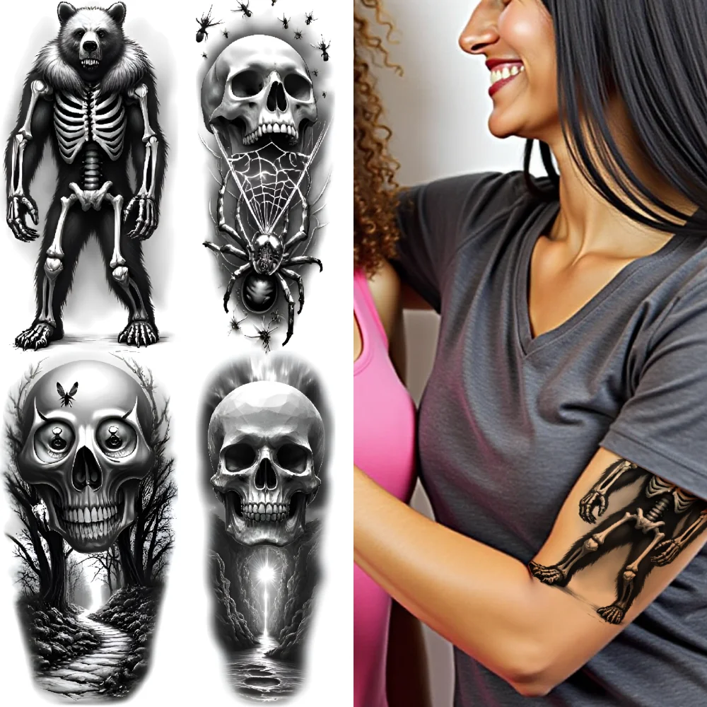 

3pcs Temporary Tattoo Crown Waterproof Long-lasting Body Stickers Bear Spider Realistic Temporary Tattoos Roses For Arms Women