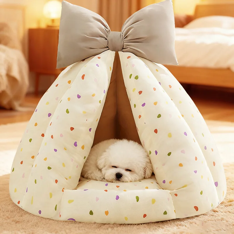 

Wholesale PP Cotton Polka Dot Dog House Tent Winter Warm Enclosed Safe Small Dog Sleeping All-Season Universal
