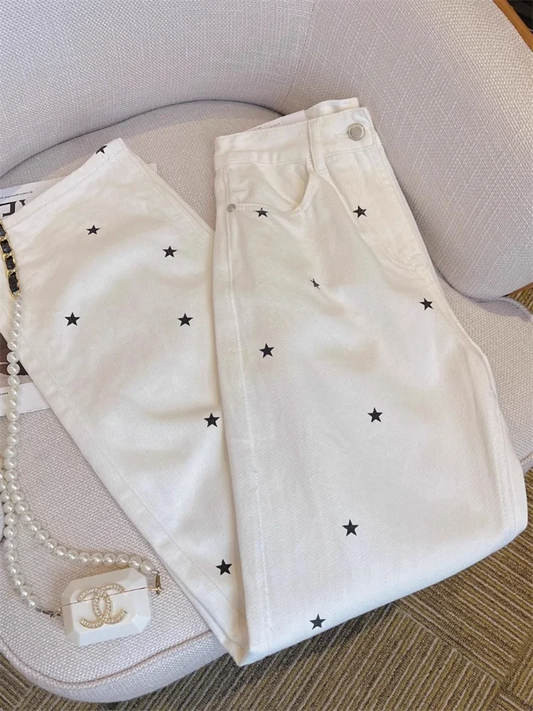 

Осенняя мода, универсальные белые джинсы со звездным принтом, свободные утягивающие драпированные прямые брюки для мужчин и женщин, дизайнерские повседневные джинсы Sensation