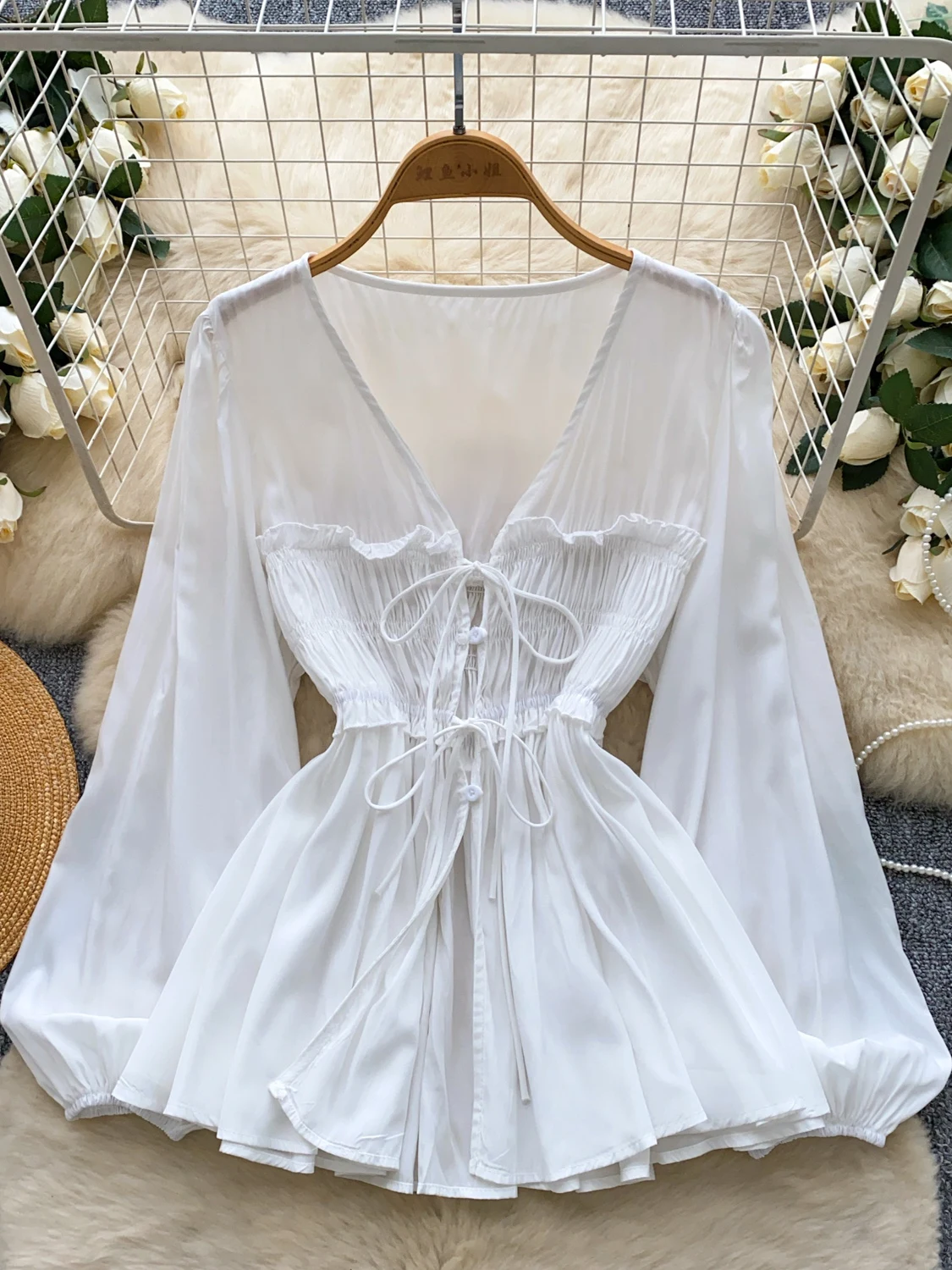 

French Style Puff Sleeve Blouse for Women Autumn Lace Up V-collar Chic Ruffle Ladies' Top Shirt