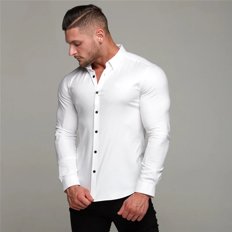 New Spring Autumn Mens Full Sleeve Shirt Solid Fitness Men Turndown Collar Super Slim Fit Business Dress Shirt Button Gym Tops