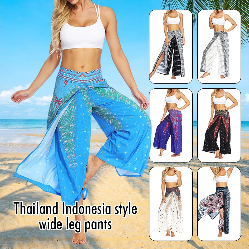 

Women Bohemian Style Yoga Pants Casual Loose Wide Leg Trousers Printed Thai Style Split Leg Comfort Gypsy Hippie Harem Pants