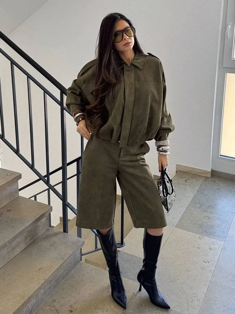 AUTUMN Women Loose Casual Coat Shorts Sets Vintage Suede Oversized Long Sleeve Zipper Bomber Jacket Spring Street Chic Suit