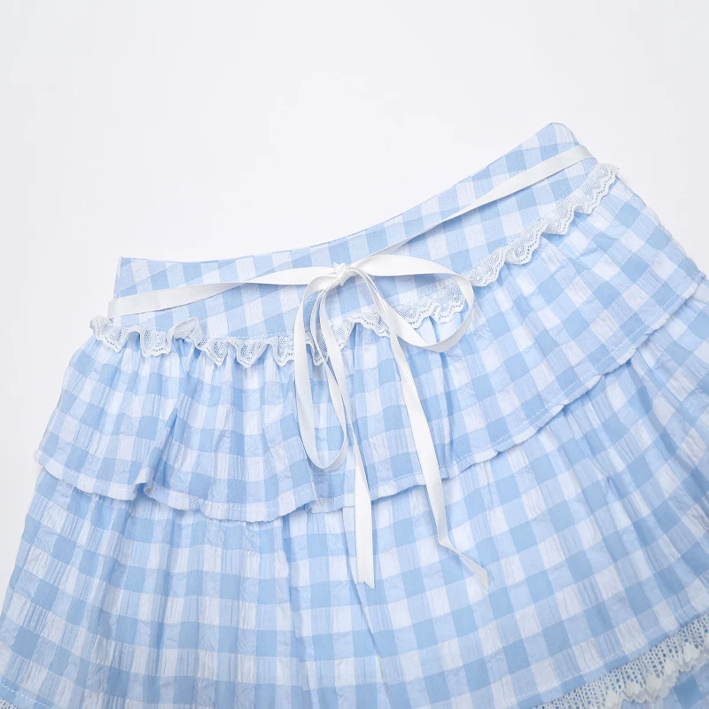 Ballet Style Lace Check Striped Short Skirt Ladies Summer High Waist Slim A Letter Drawstring Skirt Blue