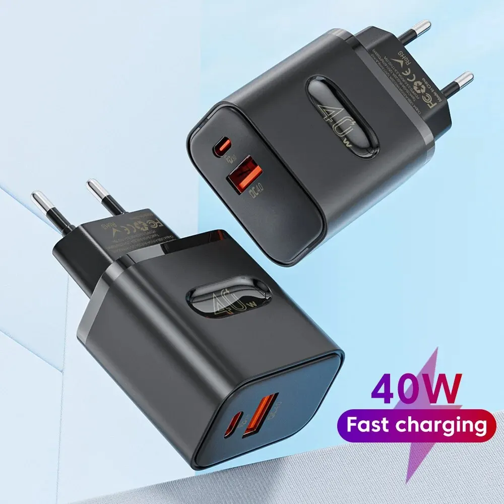 

40 Вт USB Type C Зарядное устройство с двумя портами QC4.0 PPS PD 20 Вт Быстрая быстрая зарядка Адаптер зарядного устройства для мобильного телефона для iPhone Samsung Xiaomi