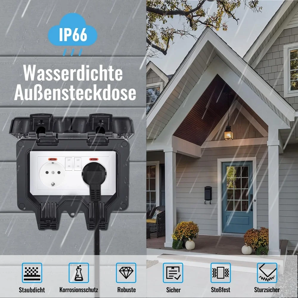 EIOMR IP66 Waterproof Outdoor Wall Socket Schuko German Plug 16A Weatherproof Dustproof Power Outlet with Cover for Home Garden