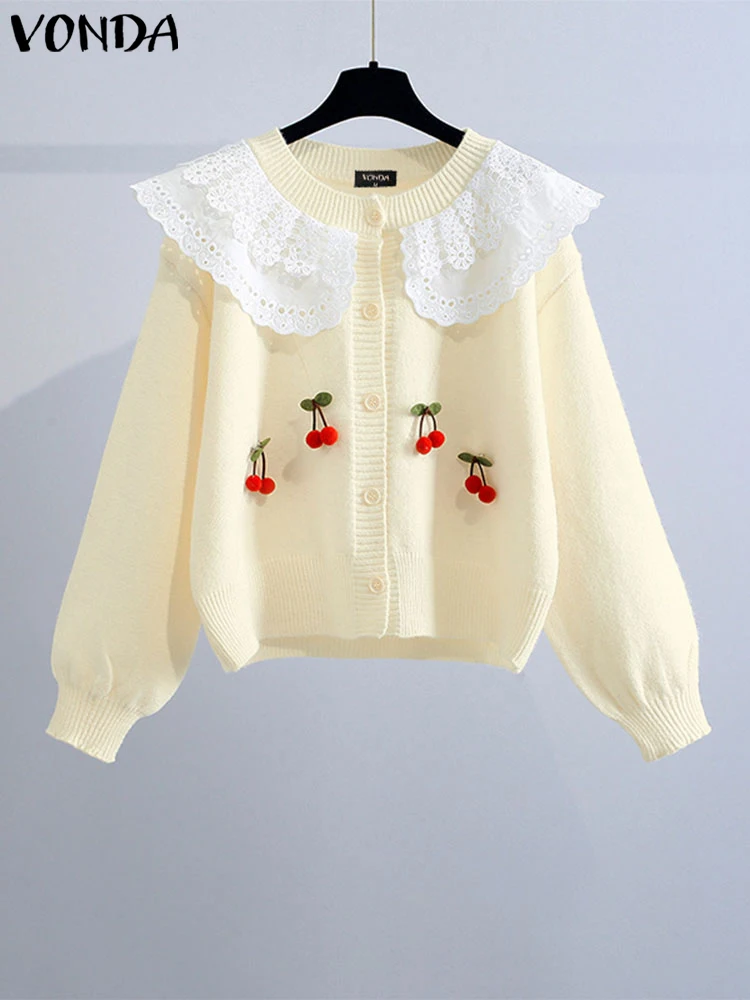 

VONDA женские свитера 2025 повседневный свободный вязаный пуловер модный кружевной лоскутный кардиган с длинными рукавами модное вязаное пальто