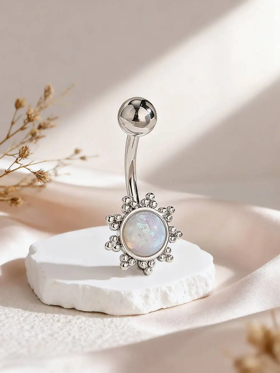 

1Pc Opal Belly Button Ring With Beaded Sunflower Design Navel Piercing