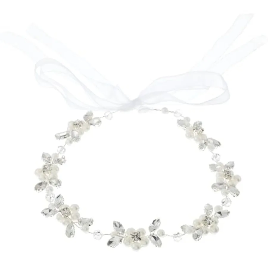 

Flower Girl Headpiece, Flower Girl Hair Accessory Silver Crystal Pearl Flowers Girls Headband for Wedding Birthday First Commun