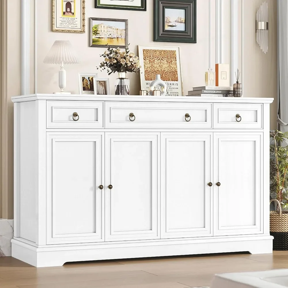 

White Buffet Sideboard Cabinet - Large Kitchen Storage w/ 4 Doors & 3 Drawers, Farmhouse Style Dining Room Credenza