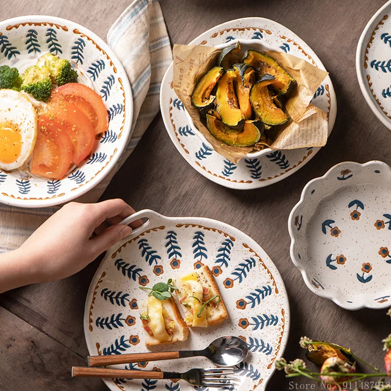 Vajilla japonesa de flores pintadas a mano, platos de postre de cerámica, pastelería de postre, corazón, plato de ánfora, cuenco de encaje, Retro, creativo