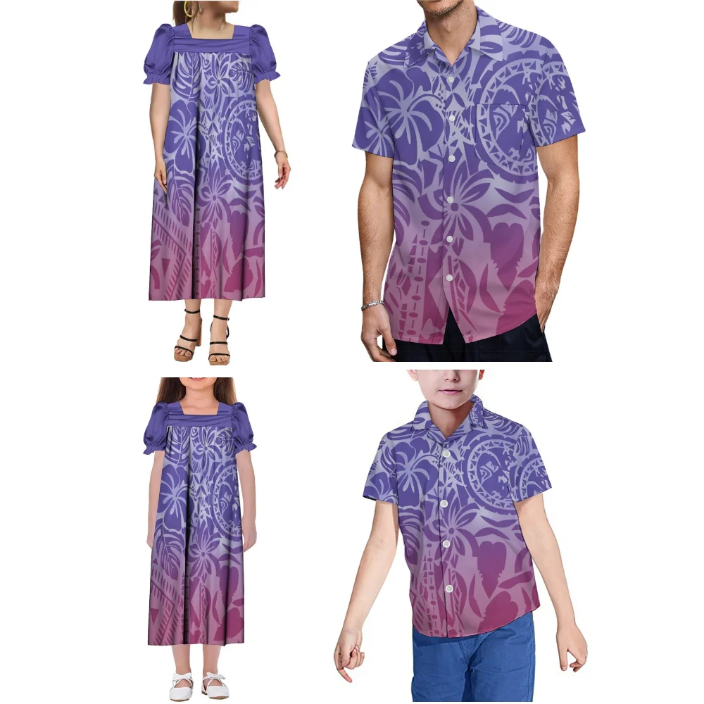 Polynesian Tribe's nieuw ontworpen bedrukte Mumu moeder-dochter jurk met pofmouwen en vader-zoon casual shirt top