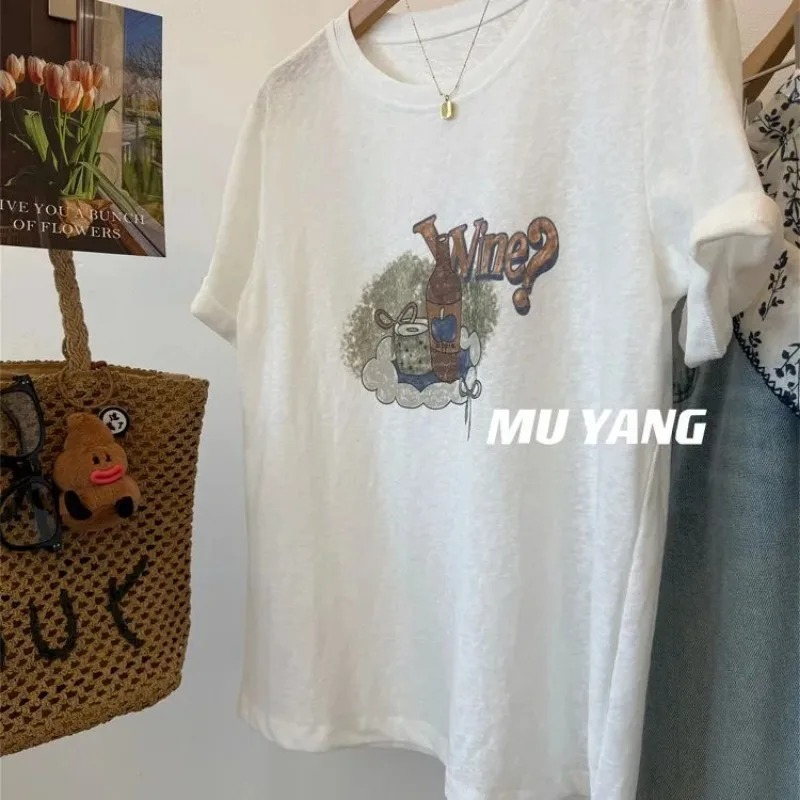 Women's Wine Print T-shirt Ice Cool Snowflake Cotton Short Sleeve Summer Casual Tee