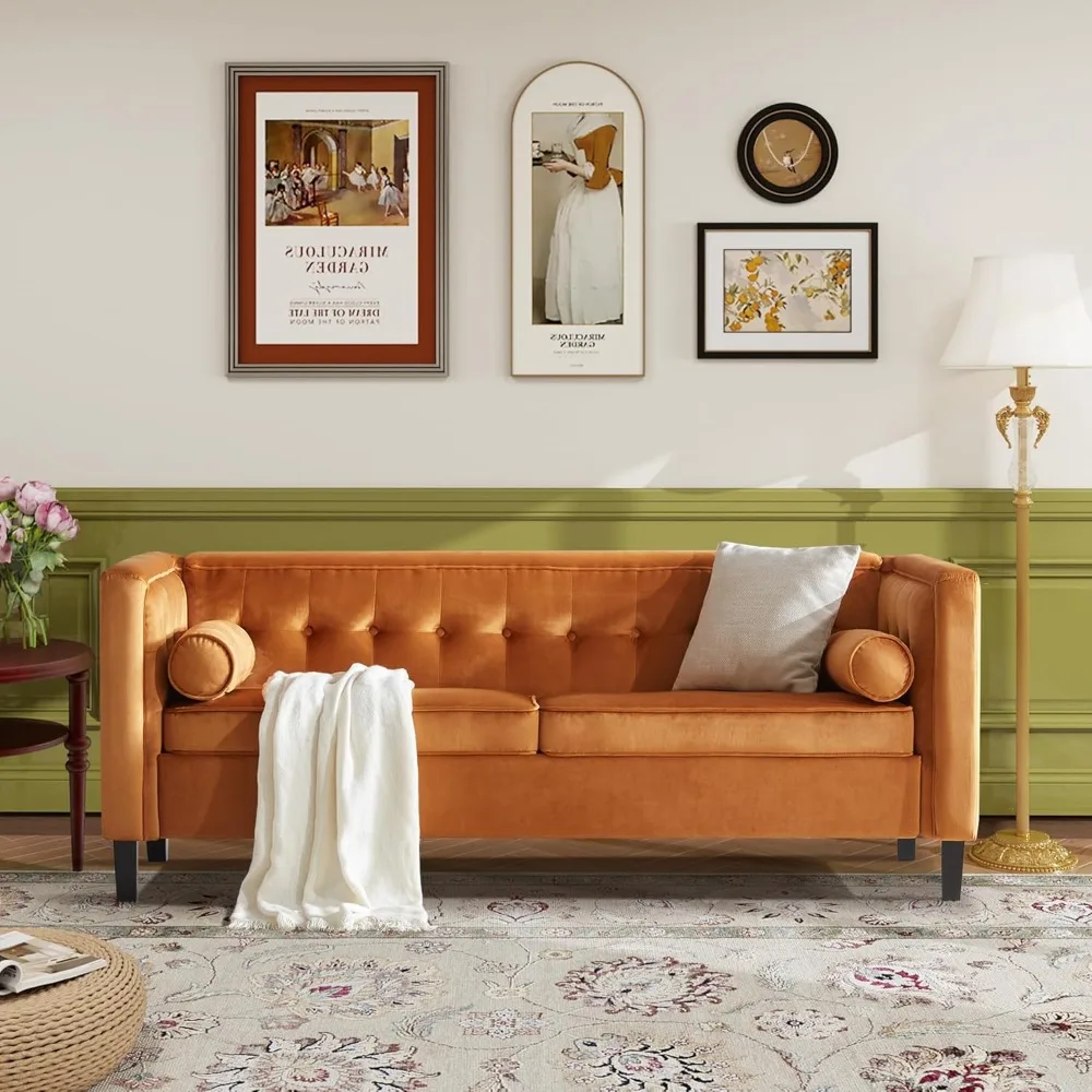 

78'' W Velvet Sofa, Mid-Century Love Seats Sofa Furniture with Bolster Pillows, Button Tufted Couch for Living Room