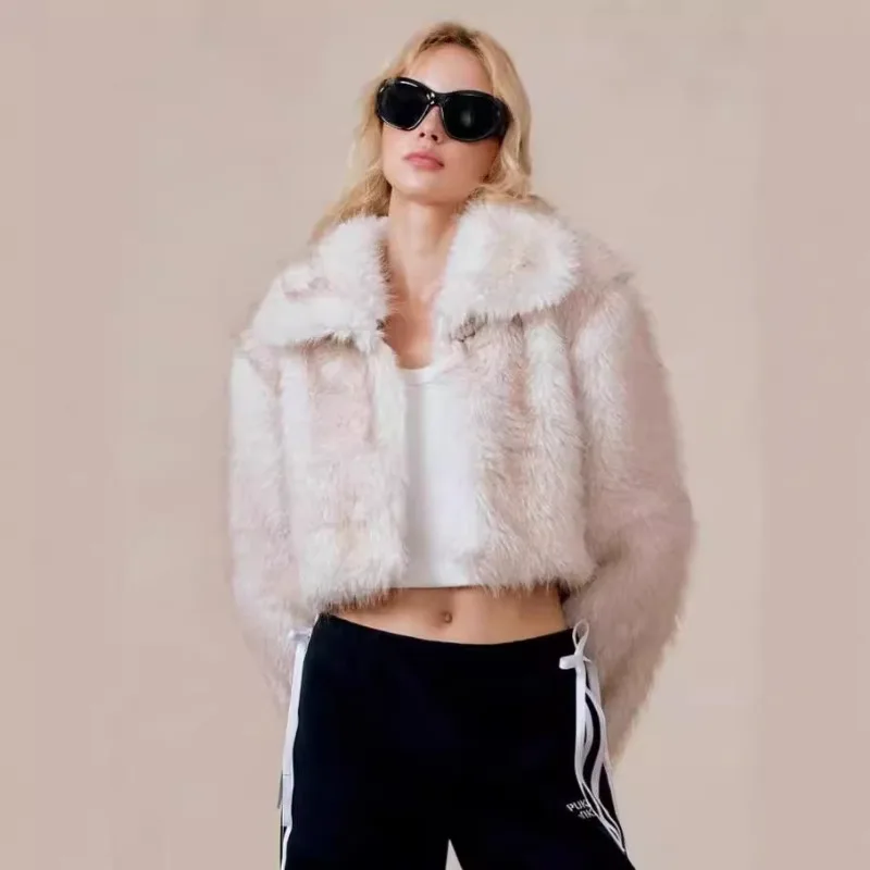Korte jas van imitatievossenbont 2025, winter nieuwe dames pluche jas, stijlvolle revers harige jas, lange mouwen, dikke warme pluizige vesten