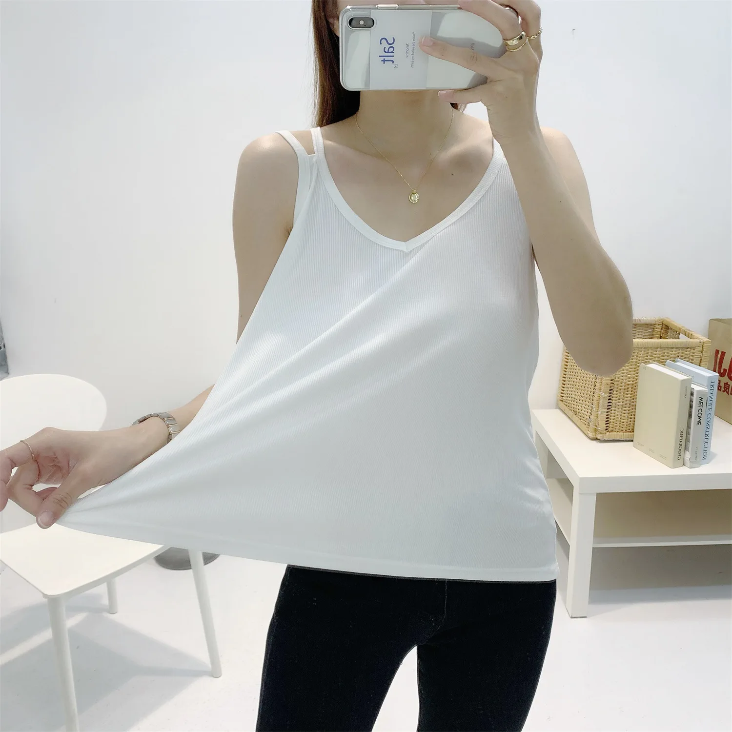 Modal V-Neck Camisole Korea Style Loose Simple A-Line Bottoming Camis Plus size Solid color base tops sleeveless