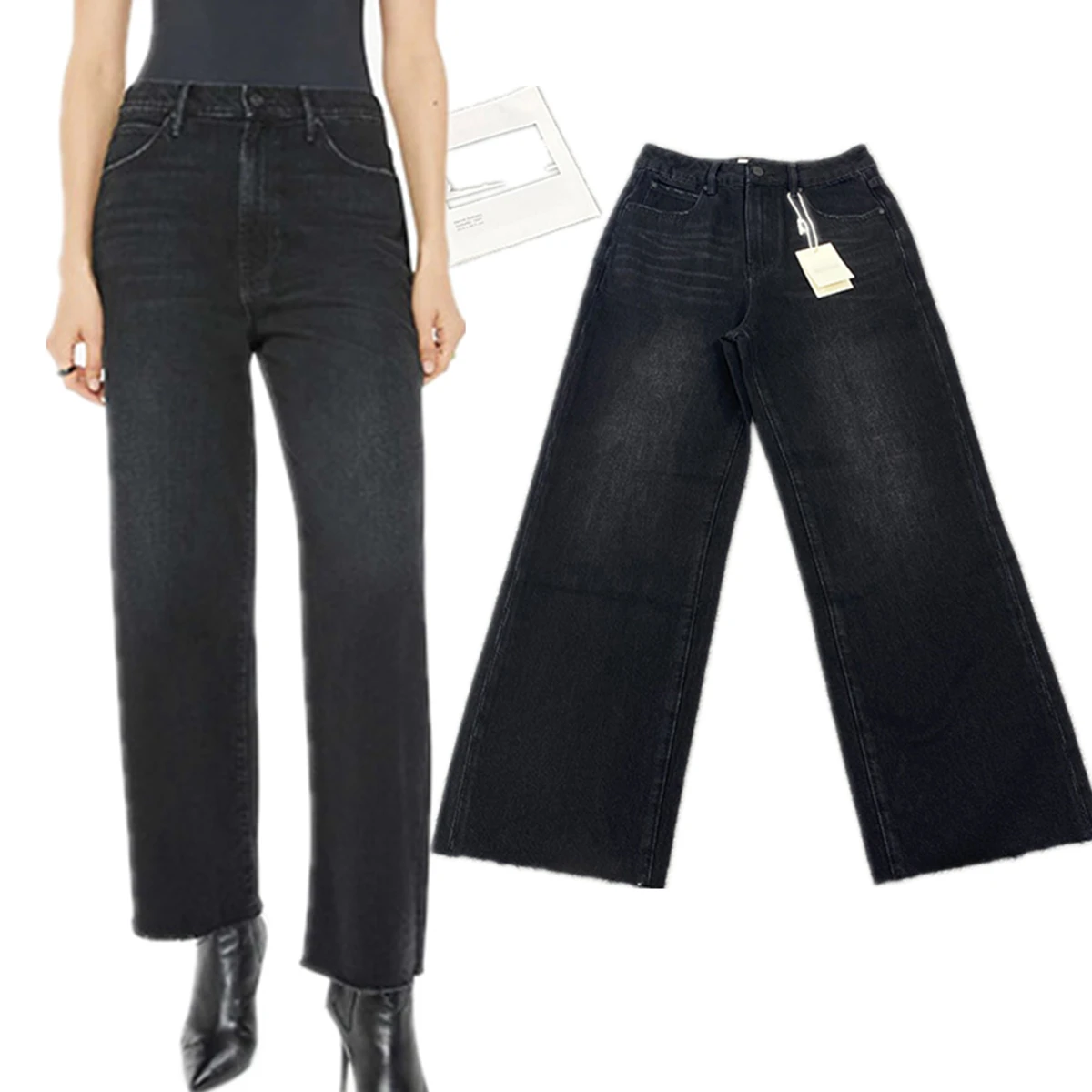 

Jenny&Dave 2026 Minimalist Cotton Black Gray Loose Raw Edge Straight Denim Pants High Waist Hip Embroidery Cropped Jeans Women