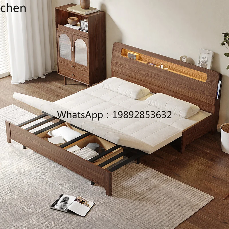 furniture cotton and linen all-solid wood sofa bed foldable dual-purpose small apartment multi-functional storage