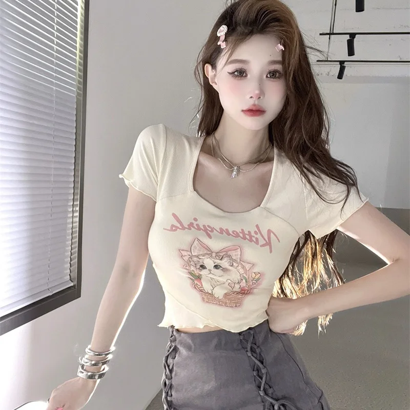 New Summer Women Cutecore Square Neck Tops Lady Cartoon Print Y2k Clothes Female Sweet Spicy Style Pink Short Sleeved T-shirt