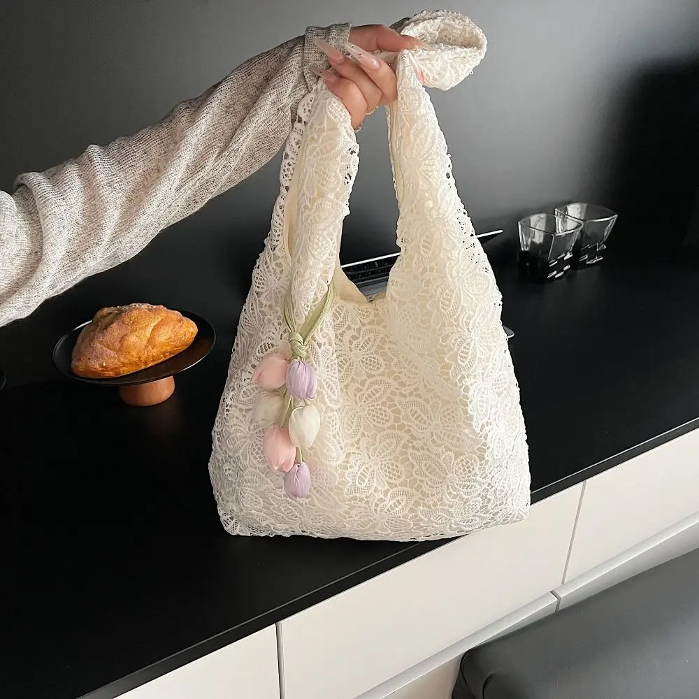

Hollow Out Embroidery Lace Shoulder Bag Flower Embroidered Canvas Tote Bag Bohemian Large Capacity Women's Weave Handbag Beach