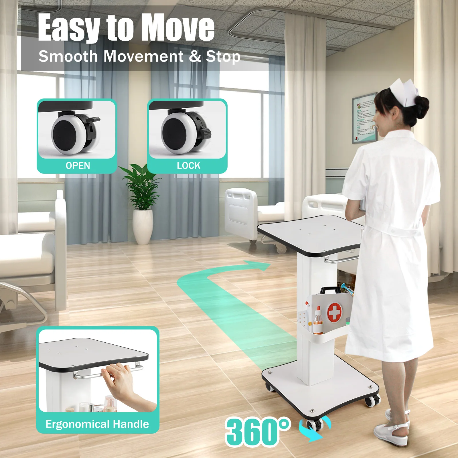 Immagine 5: Carrello per salone di bellezza 34 * 38 * 69 cm, carrello con rotelle, carrello a rulli per supporto spa per salone con maniglia adatto per infermieri, impiegati per ufficio