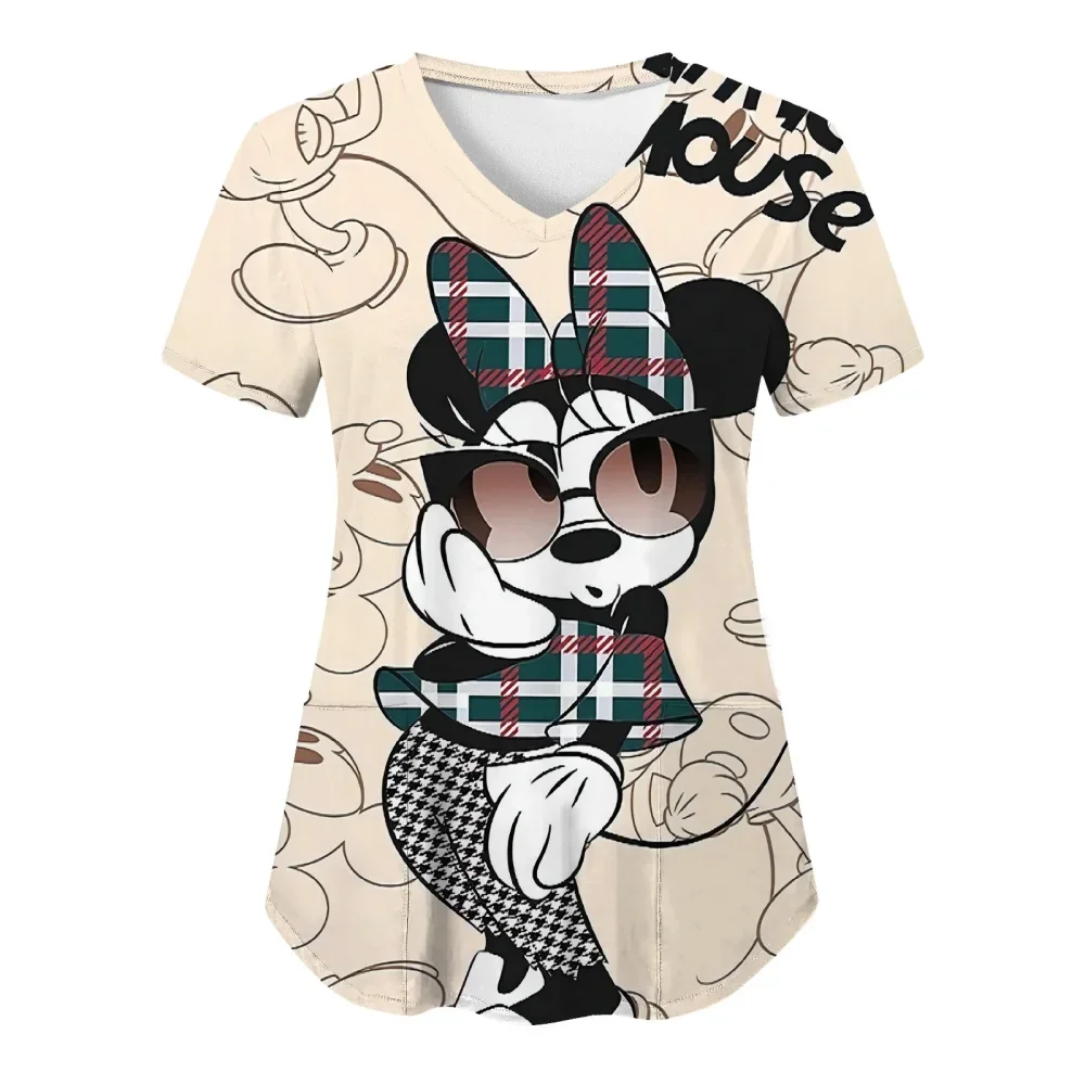 

Disney Women T Shirt 2025 Summer Nurse Uniform Top Mickey Minnie Mouse Hospital Tees Pocket Tshirt Clothes Woman clothes