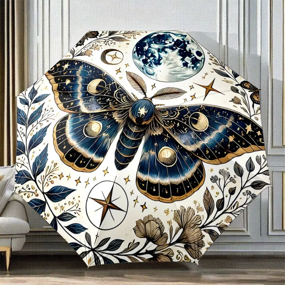

Automatic Folding Umbrella with Celestial Moth, Stars & Moon Phases Design - Portable Collapsible 8-Rib Durable Canopy, Auto O