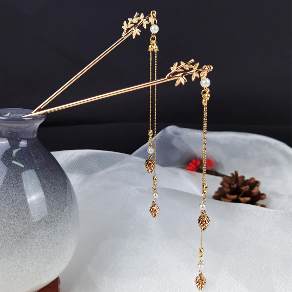 Chinese Hairpins For Women Vintage Bamboo Pearl Hair Sticks Fairy Tassel Golden Retro Hanfu Hair Accessories Female Jewelry