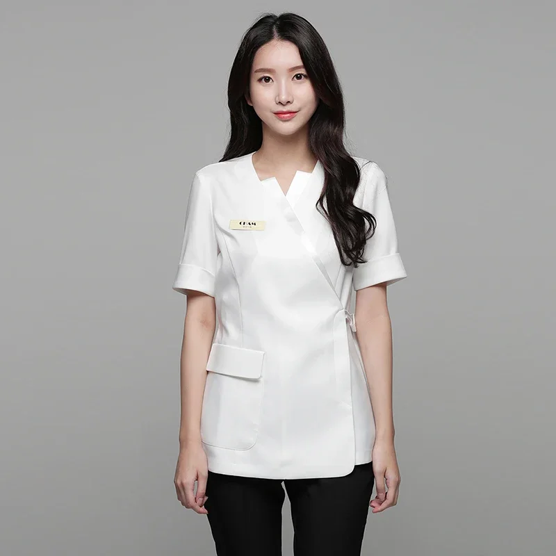 Spa Beauty Salon Short Sleeve Uniform Elastic Breathable Solid Health Club Women Work Clothing Fashion Slim Fit Suit