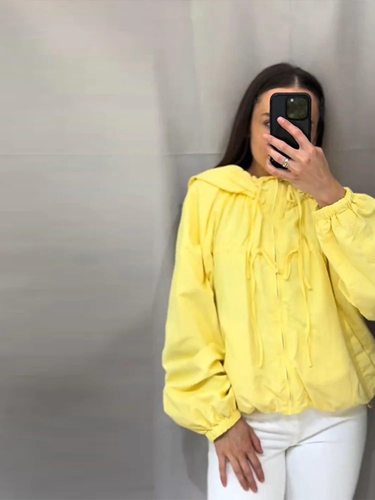 Reißverschluss-Mantel mit langen Ärmeln und Schleifenkappe für Damen, Streetwear mit Laternenärmeln, Schnürung, einfarbig, locker sitzender Mantel, modische Damen-Oberbekleidung, neu – Detail 13