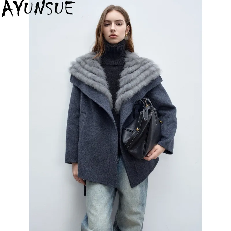AYUNSUE 70% Wool Jacket Women Winter Coat Double Sided Wool Coats Woman Clothing Belt Loose Fit Warm Big Fox Fur Collar