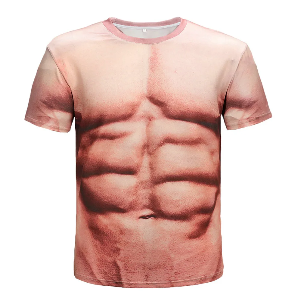 Men Funny Fake Muscle Abs 3D All Over Print T-Shirt Tattoo Dog Tag Necklace Graphic Short Sleeve Novelty Casual Party Tee Tops