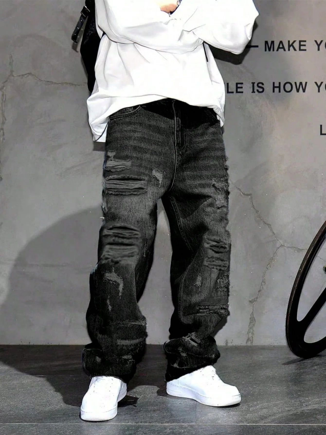 Herren American Retro Y2K Zerrissene Patch-Jeans, Lose Baggy Distressed Denim-Hosen, Hip-Hop Streetwear, Weite Freizeithosen für Männer – Detail 6