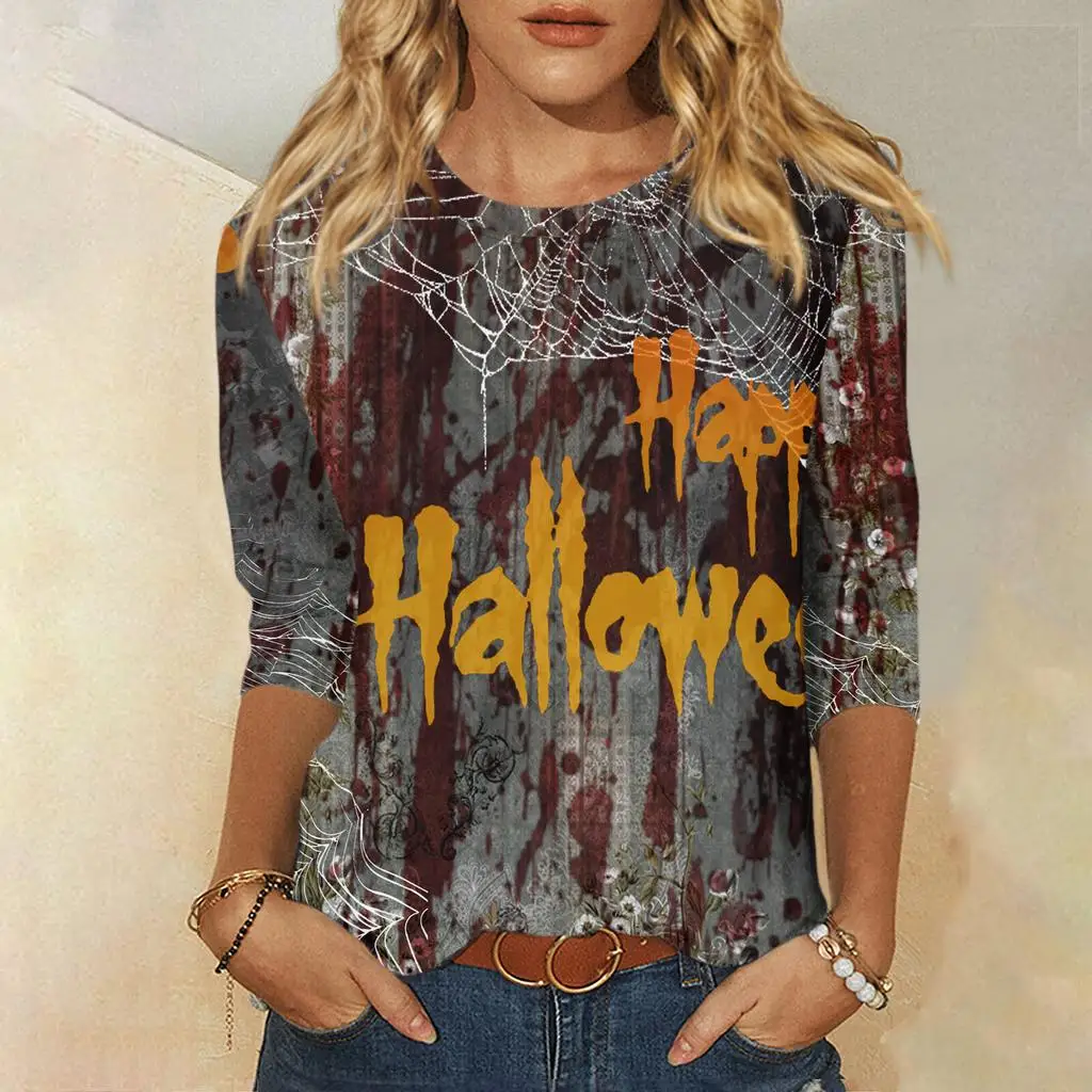 2024 New Women's Halloween Long Sleeve T-Shirt Spider Web Print Round Neck Casual Basic Loose Ladies Designer Tops