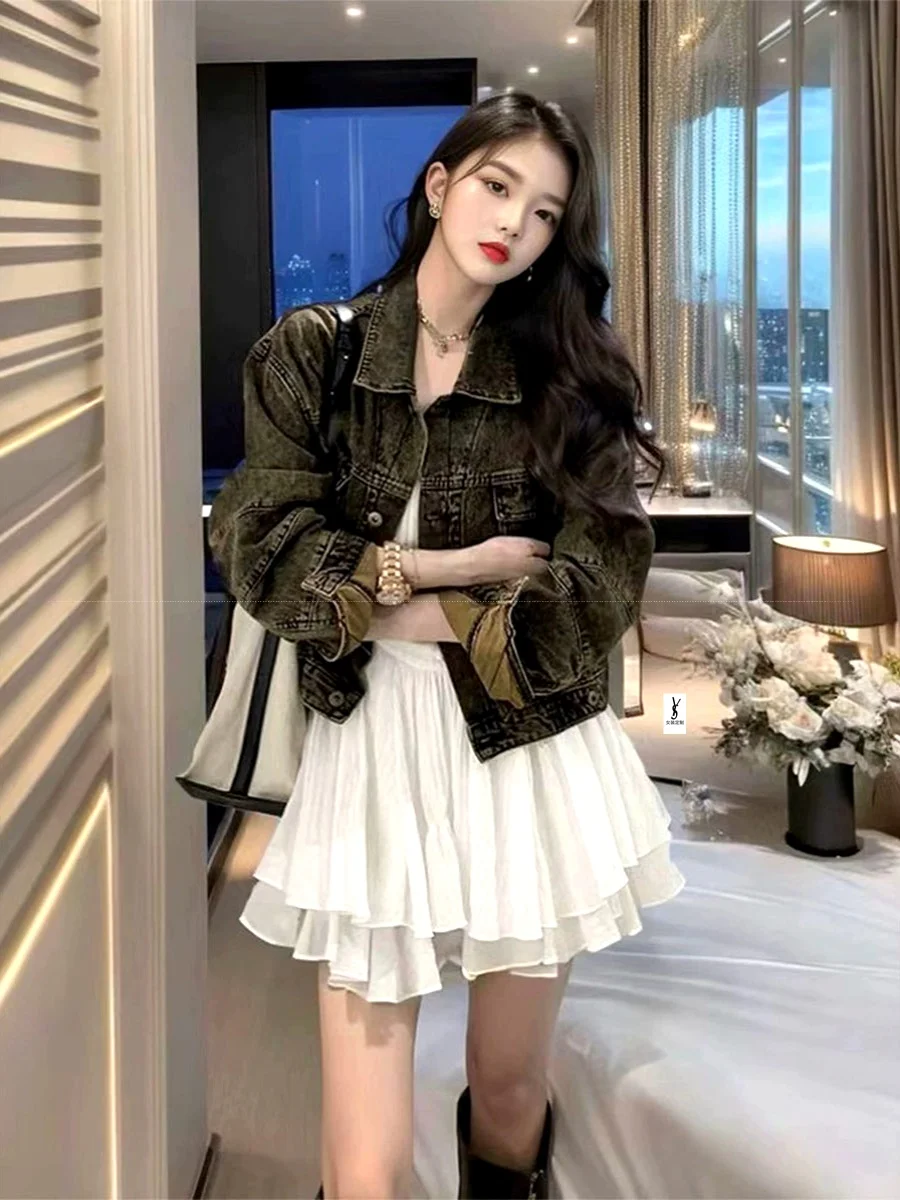

Momo Western Street Style Relaxed Fit Cotton Denim Jacket Vintage Patchwork Bone Cracked Heavy Washed Long Sleeve Women's Top